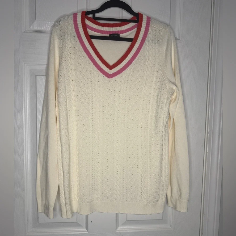 TALBOTS Cable Knit Cream Varsity Sweater Red Pink Stripes‎ Academia Size M